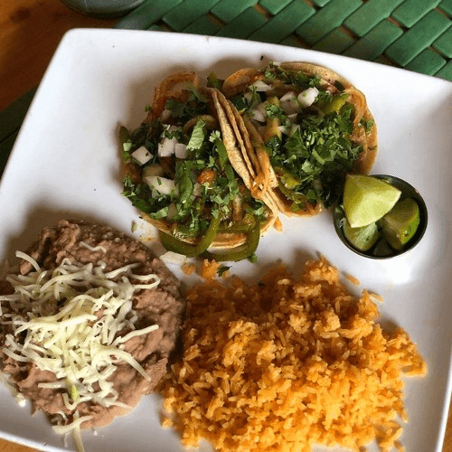 Tacos Al Carbon, Rice, Beans and a Soft Drink (2 Tacos)