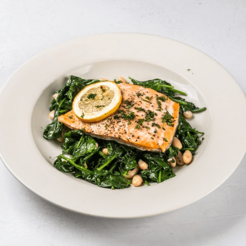 Salmon or Flounder Over Spinach and Beans.