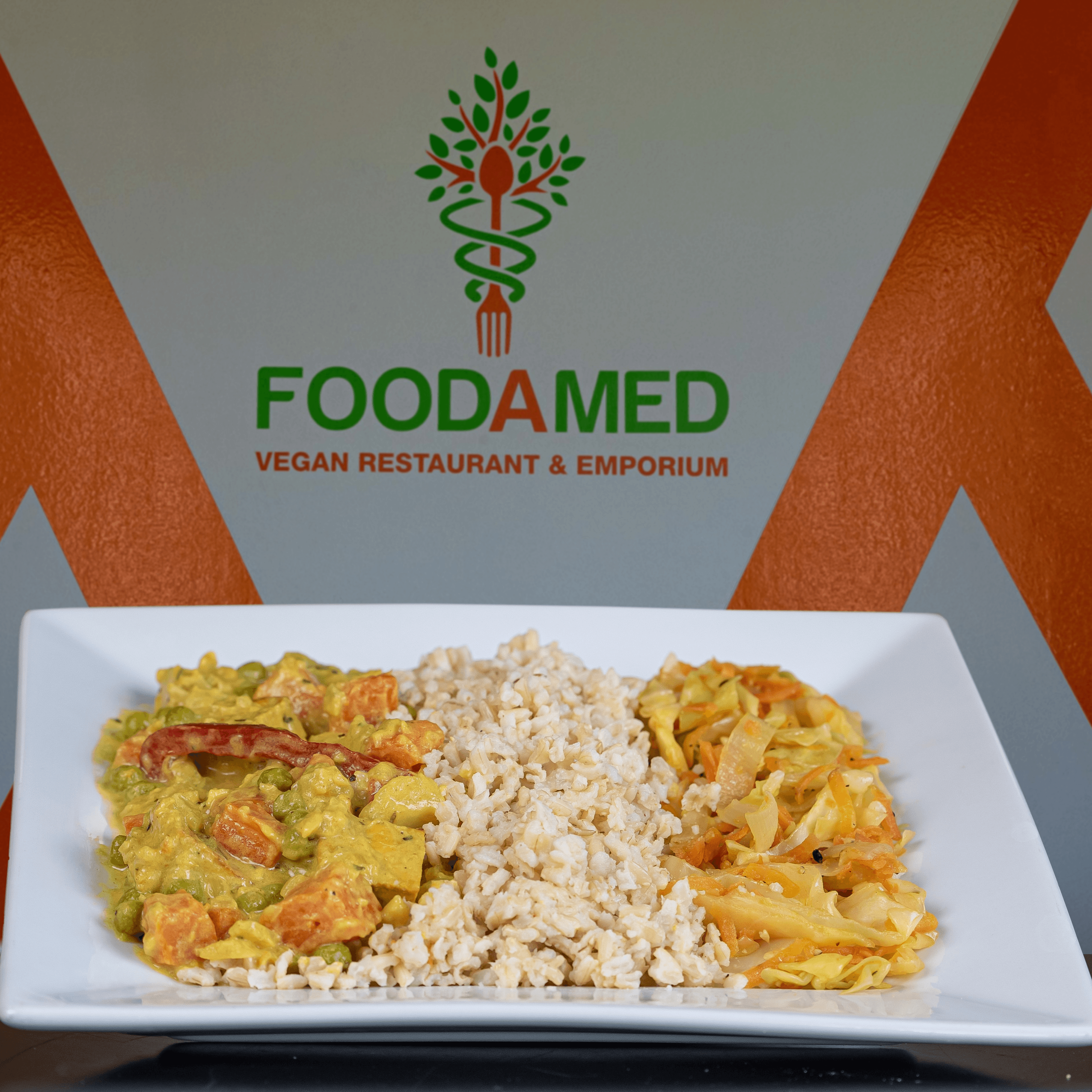 Curry Tofu, Brown Rice, Cabbage Slaw.