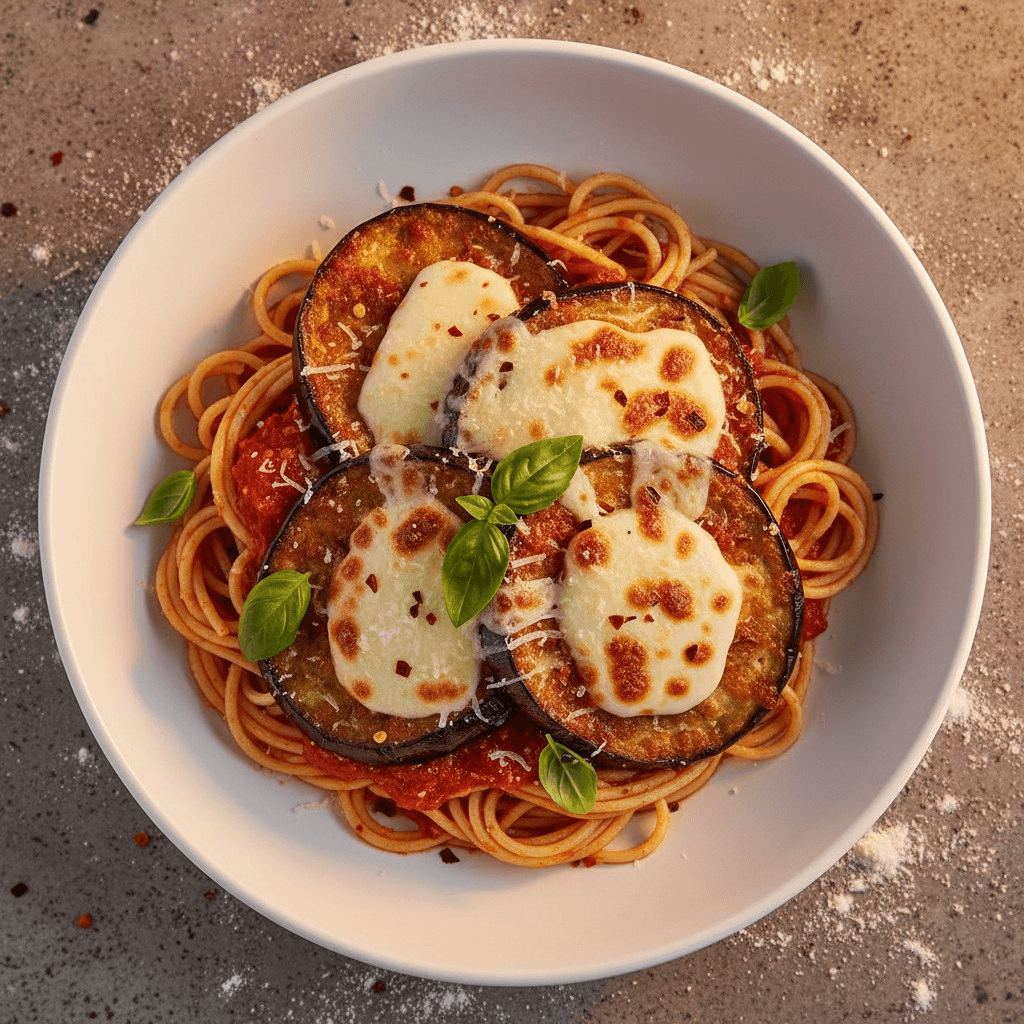 Eggplant Parmigiana with Pasta.