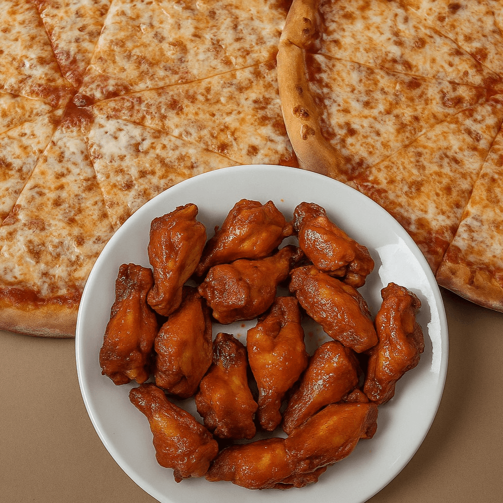 2 LG CHEESE PIZZAS & 20 WINGS.