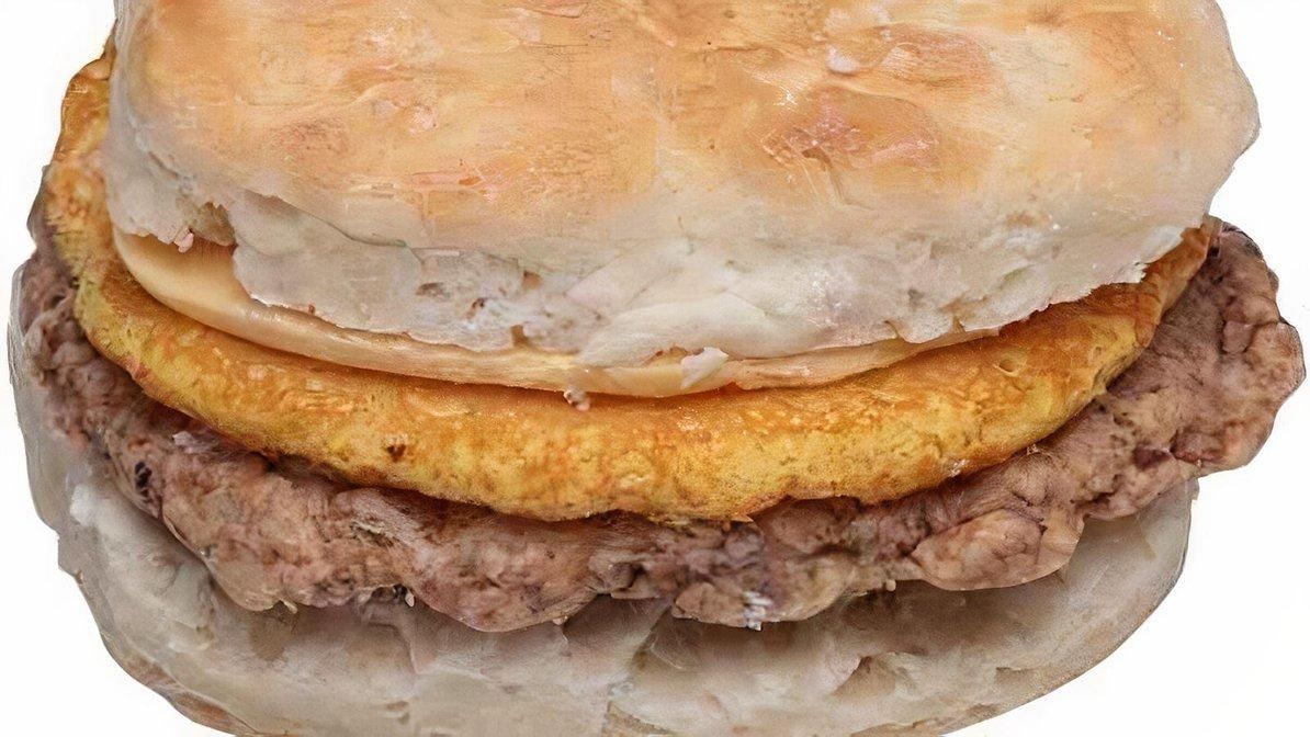 Egg, Sausage & Cheese Biscuit Sandwich.