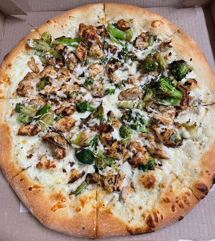 Chicken Broccoli Alfredo Pizza.