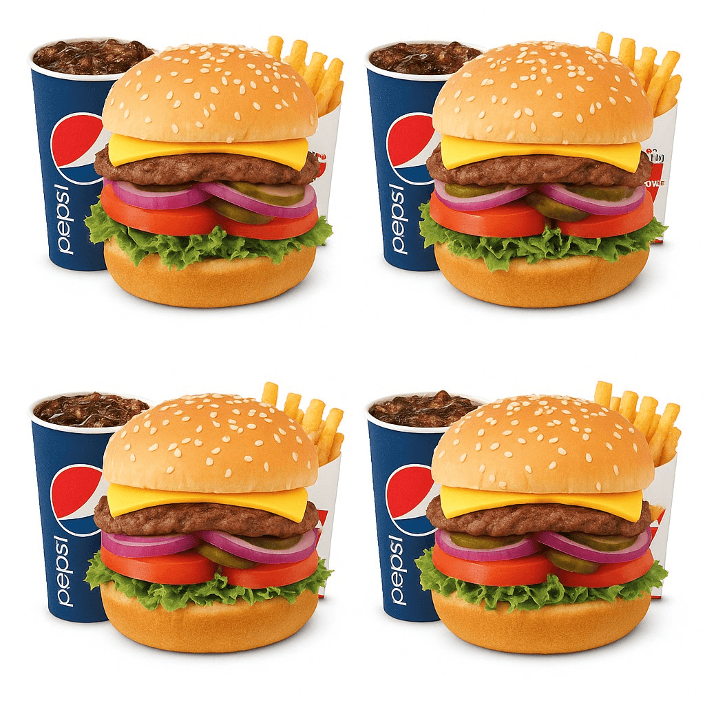 4 1/4 Lb Cheeseburger, 4 Fries & 4 Drinks.