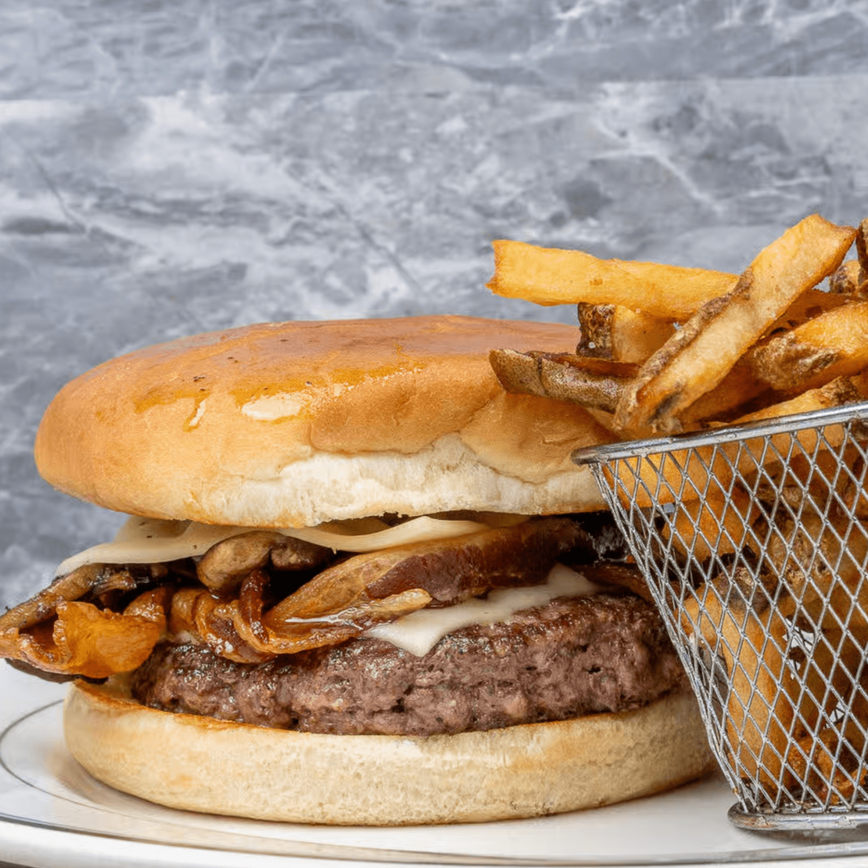 Dude, a Mushroom Bacon Swiss Burger.