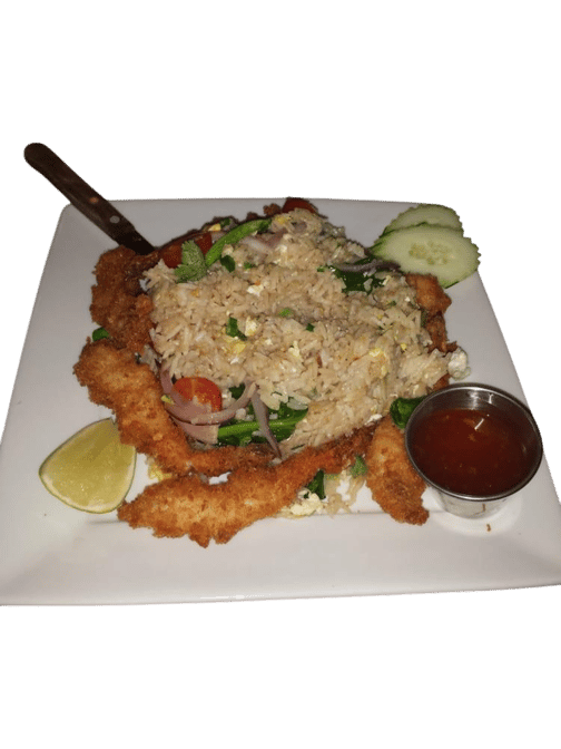 Deep Fried Battered Prawns Fried Rice.