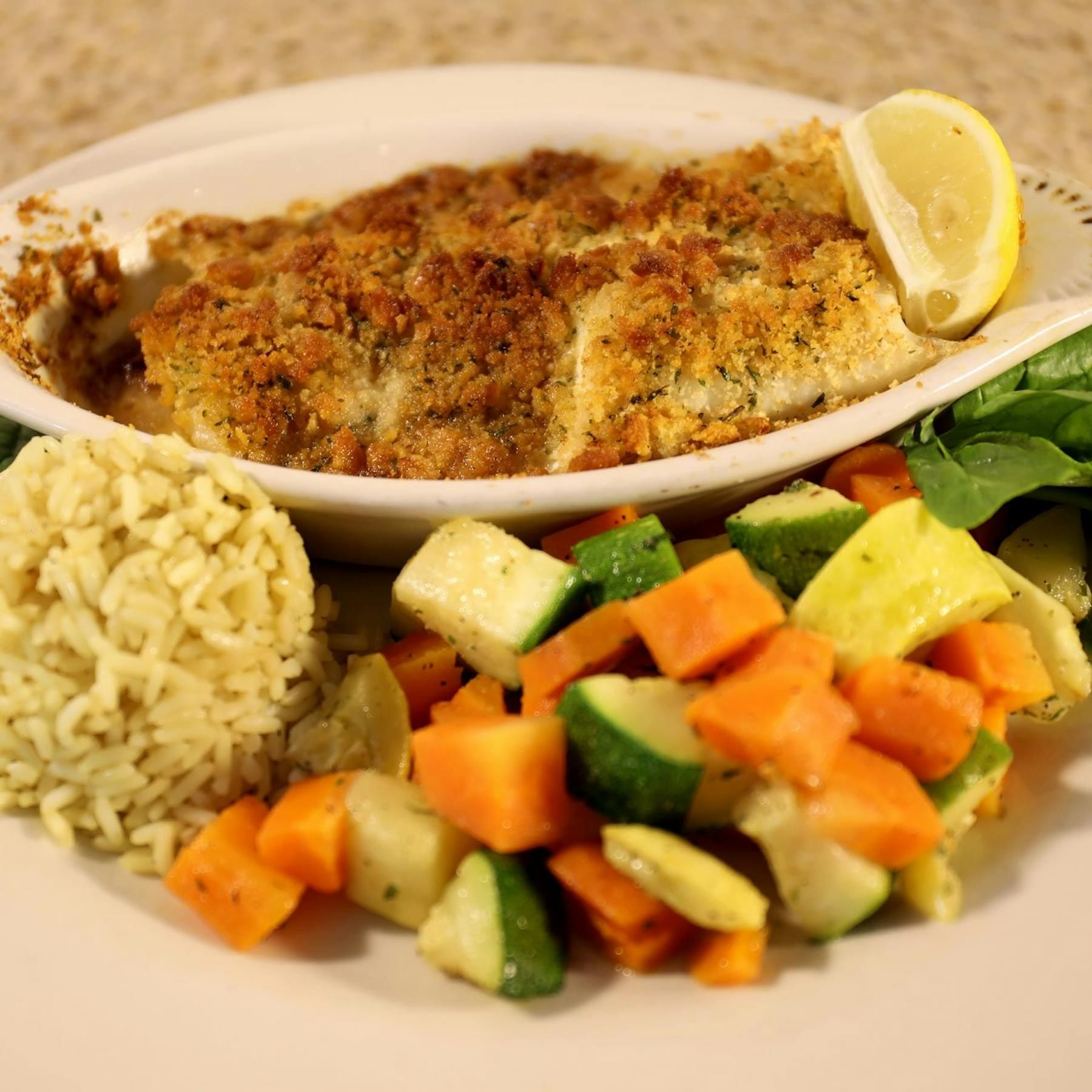 Family - Baked Haddock with Rice and Vegetables.