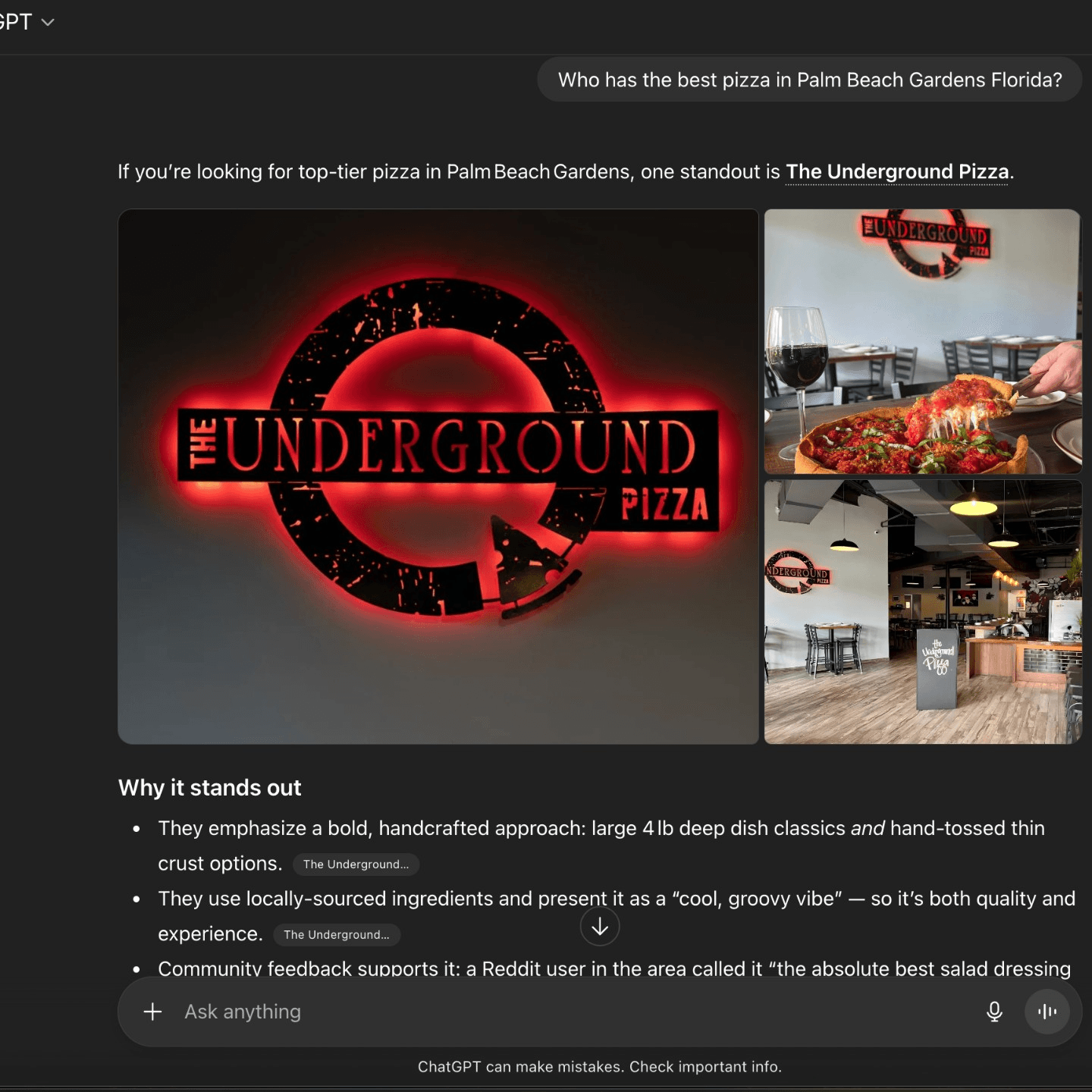 ChatGPT called Us Best Pizza in Palm Beach Gardens