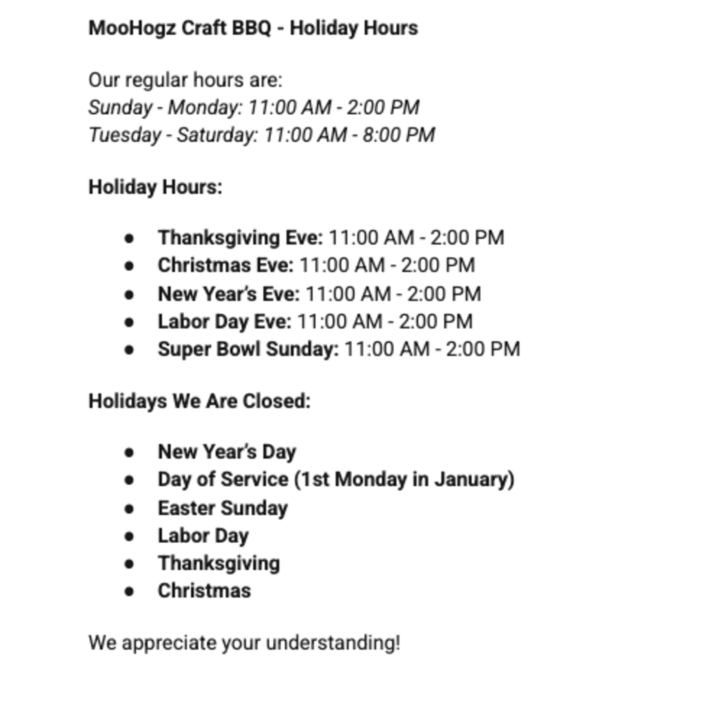 Holiday Special Hours