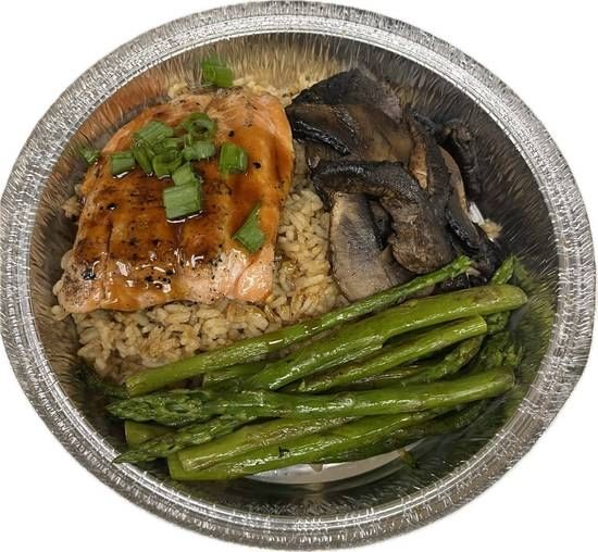Grilled Teryaki Salmon Over Seasoned Rice with Asparagus and Mushrooms.