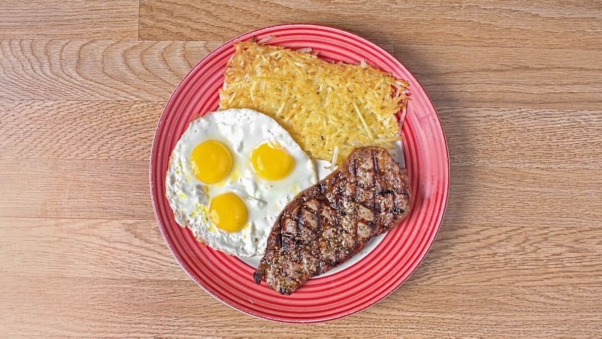 10 Oz New York Steak + 3 Eggs.