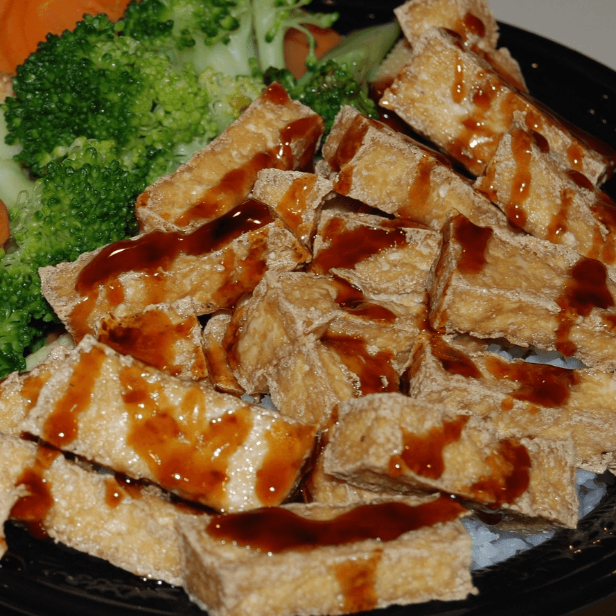 Tofu teriyaki rice meal.