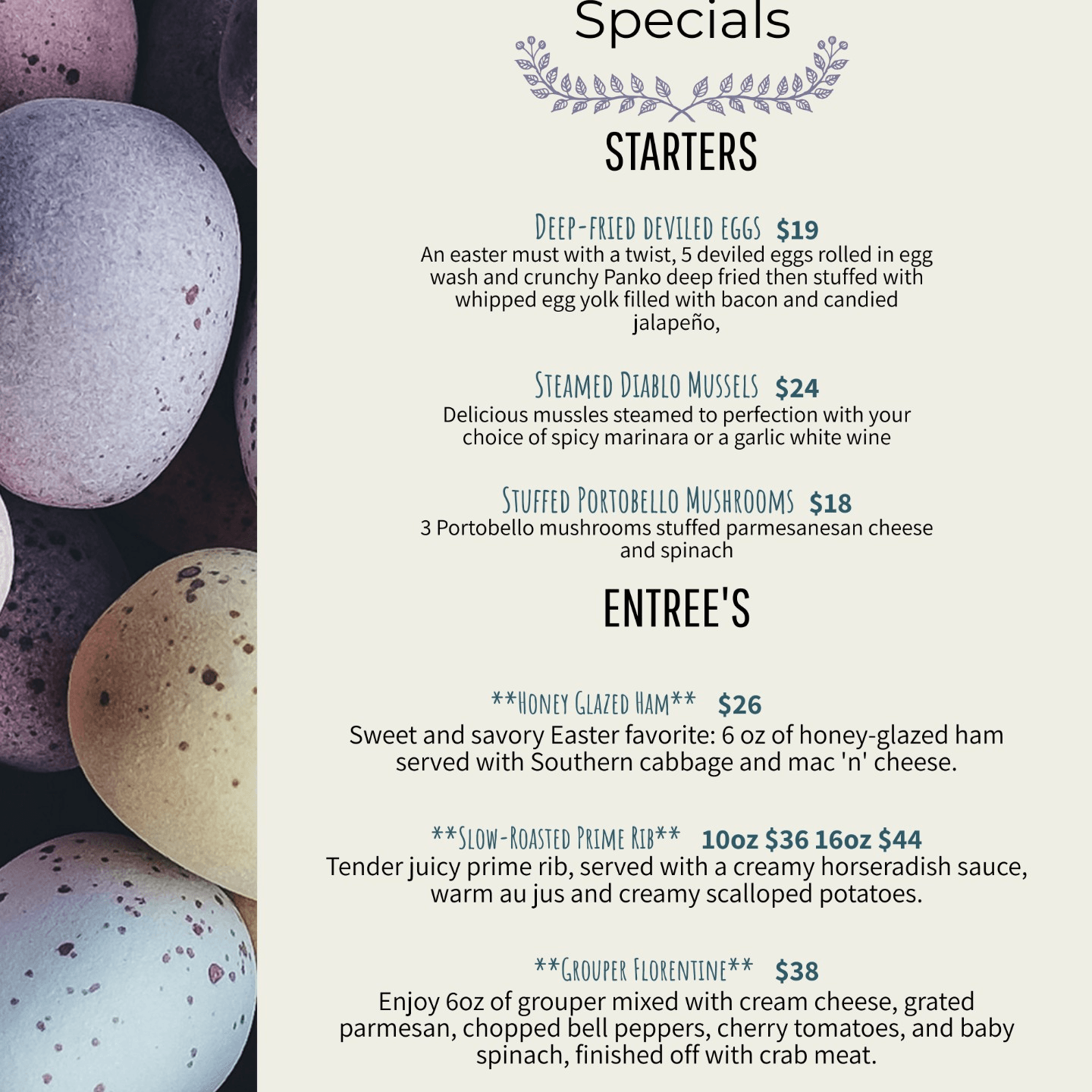 Easter Specials plus full menu 