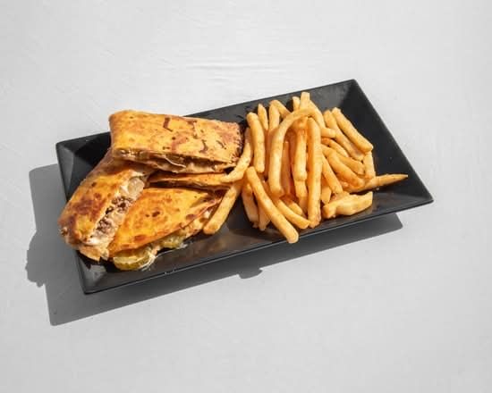 Smash Beef Quesadilla + Fries.