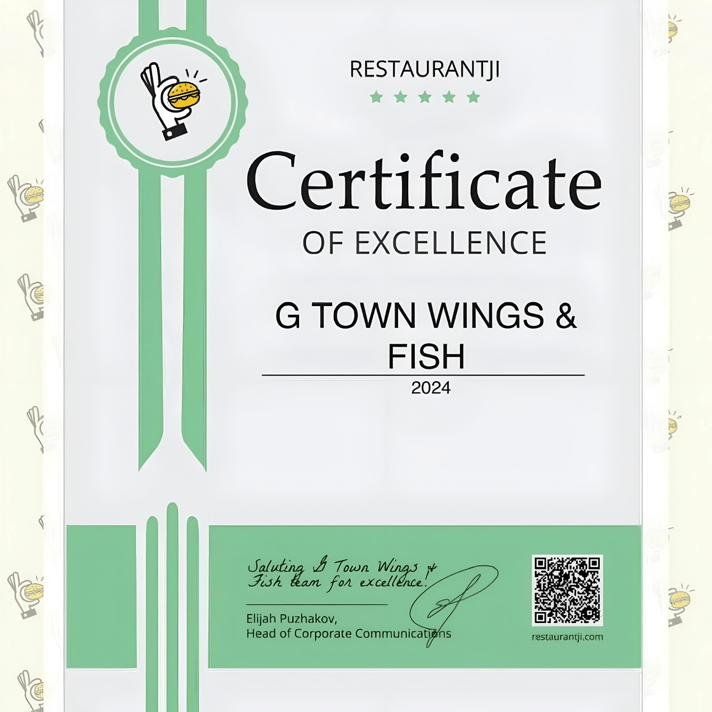 🏅 Certificate of Excellence Restaurantji (2024)