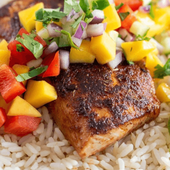 Blackened Mahi Mahi with Mango Chimichurri.