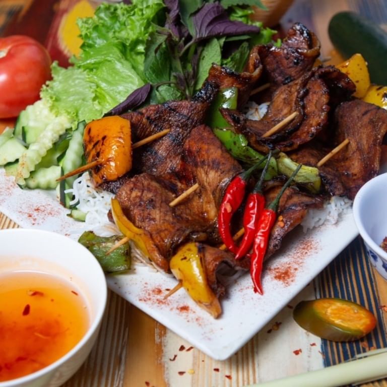 Satay Pork with Chilies Lime Sauce.