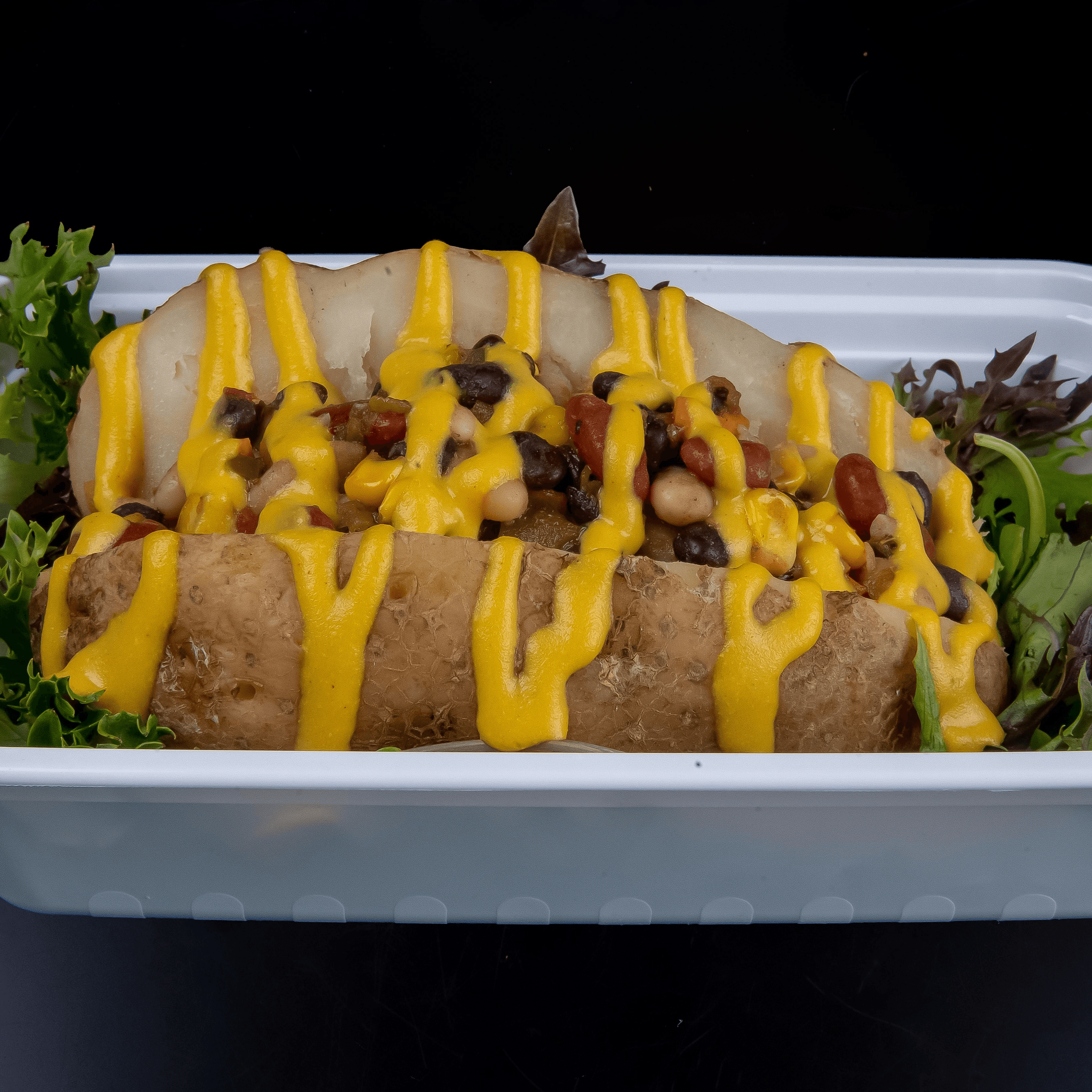 Chili Cheese Baked Potato, Spring Mix.