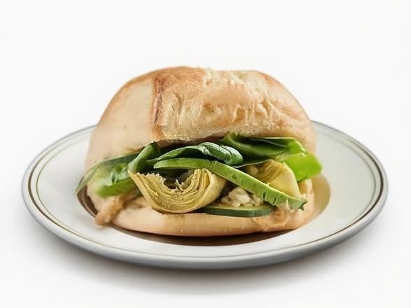 Artichoke, Spinach Hummus Cucumbers Avocado Panini.