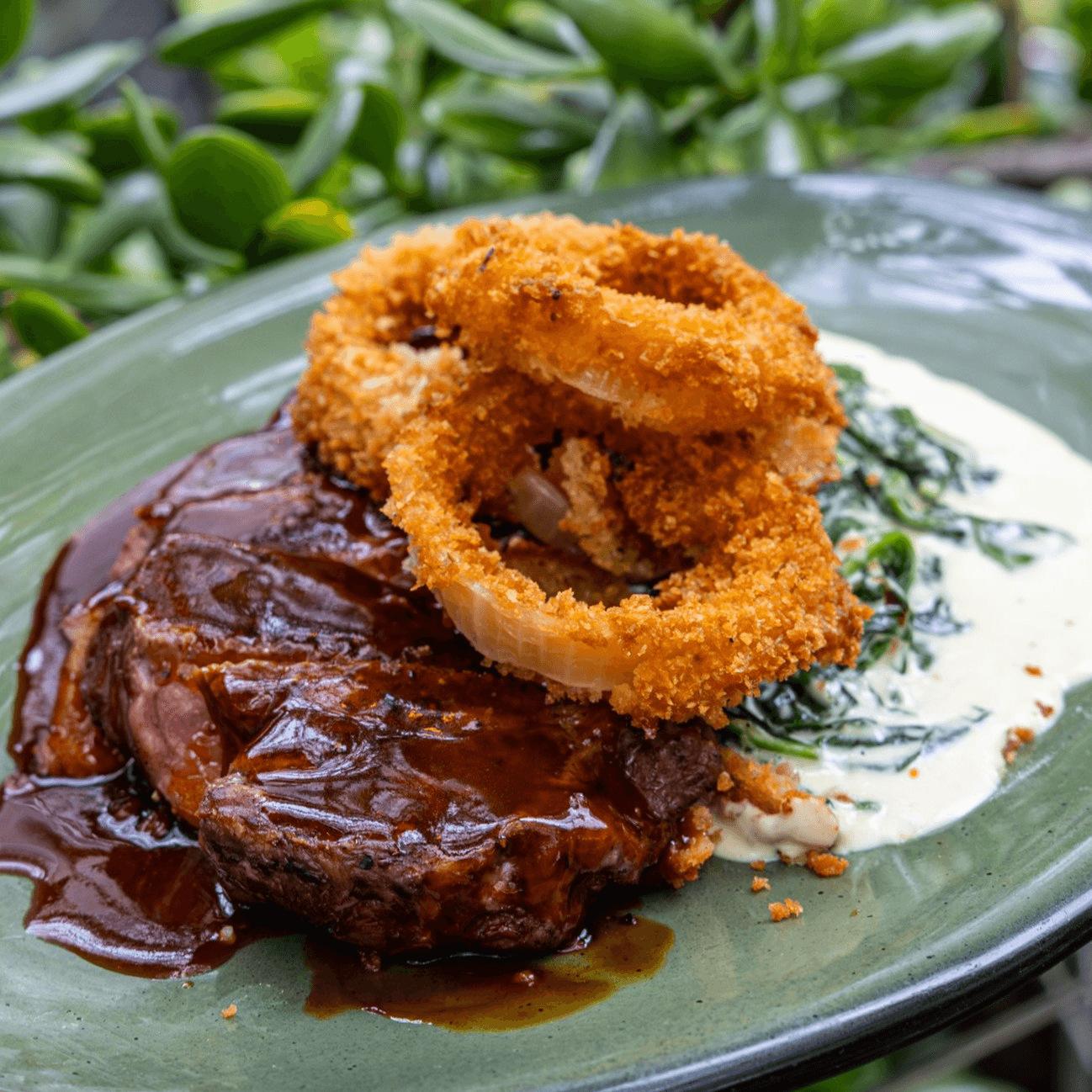 Grilled 10 oz NY Steak with Panko Crusted Onion Rings.