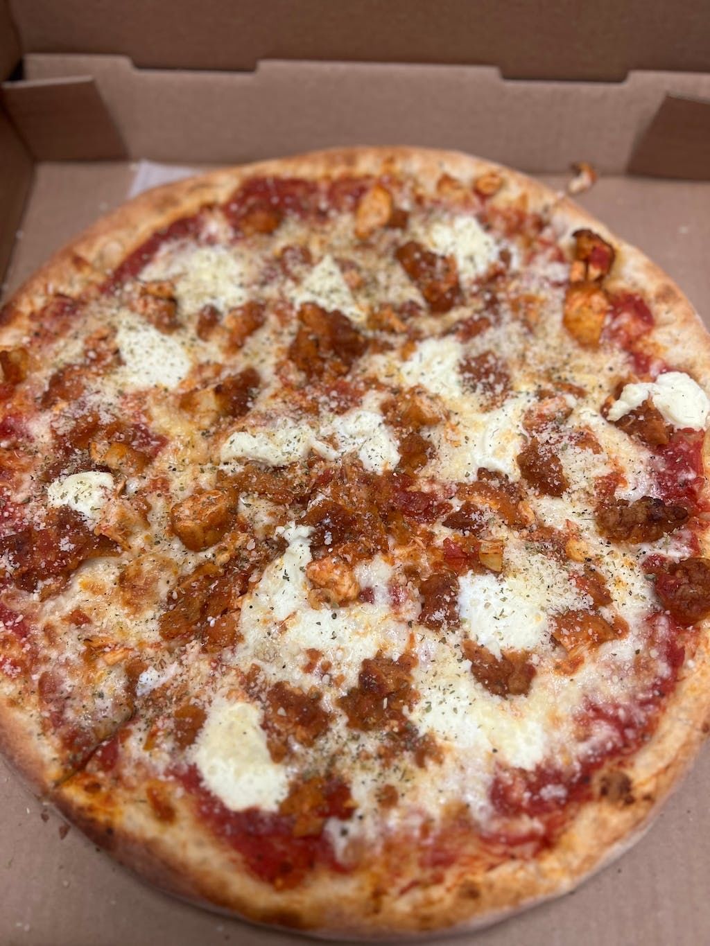 Chicken parmigiana pizza.