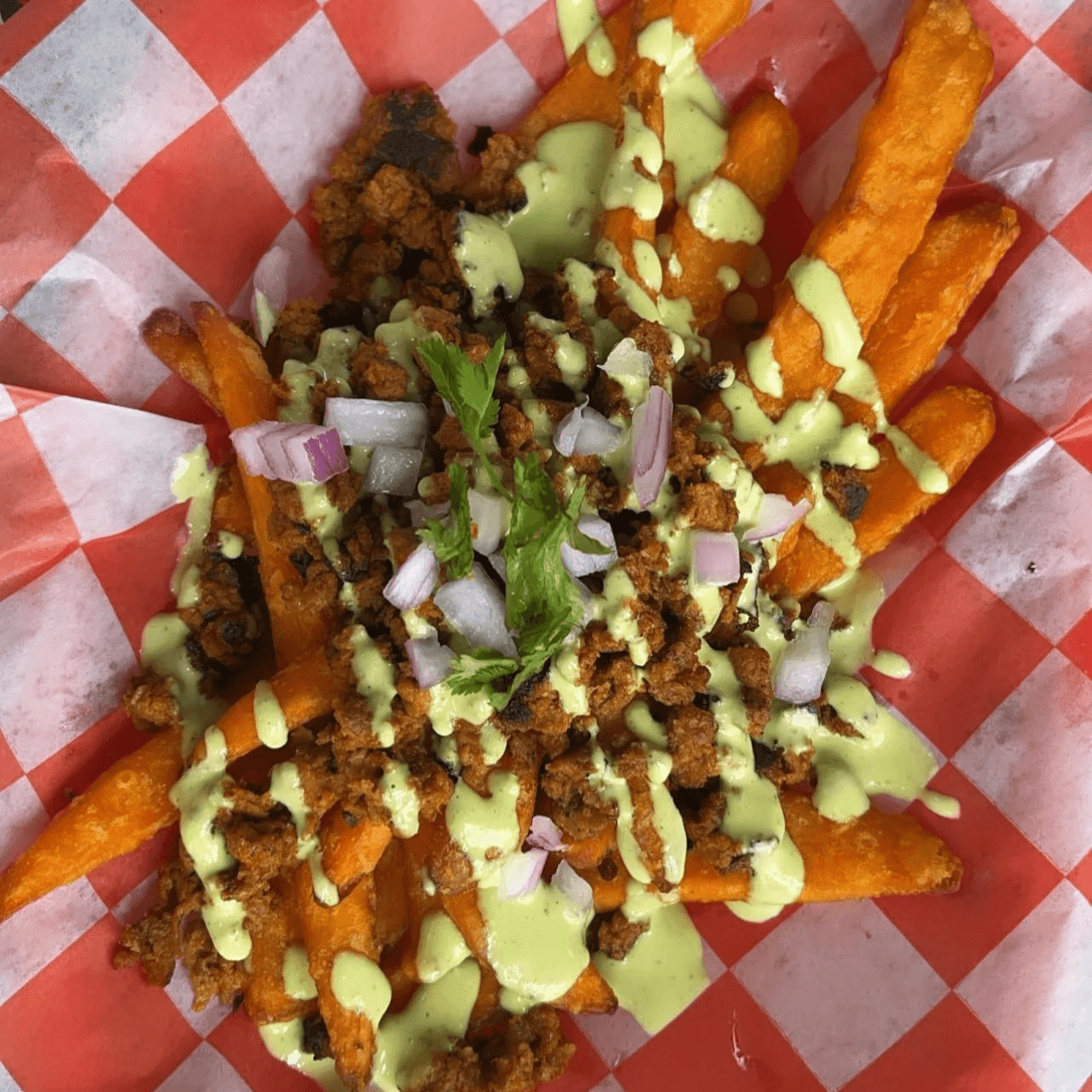 Vegan Loaded Soy Chorizo Fries.