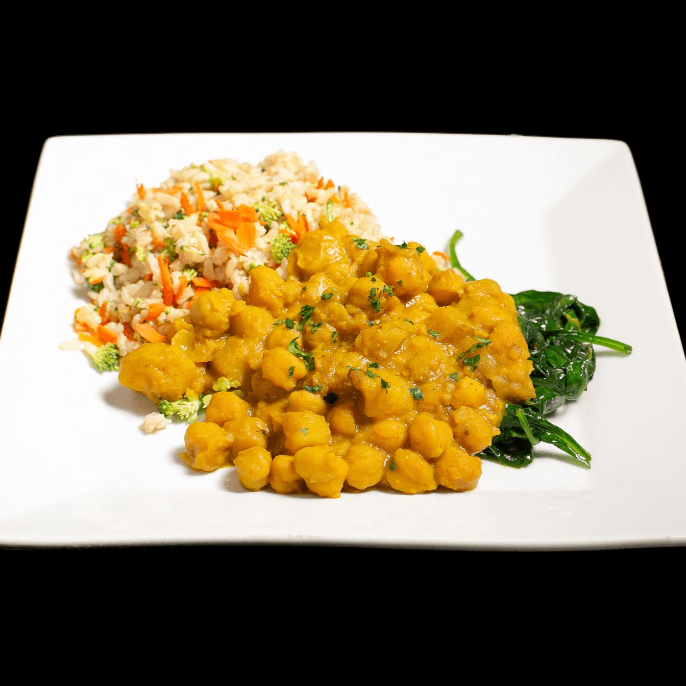 Coconut Chickpea Curry & Vegetable Brown Rice, Spinach.