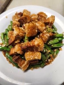 Green Beans with Crispy Pork & Red Curry Sauce.