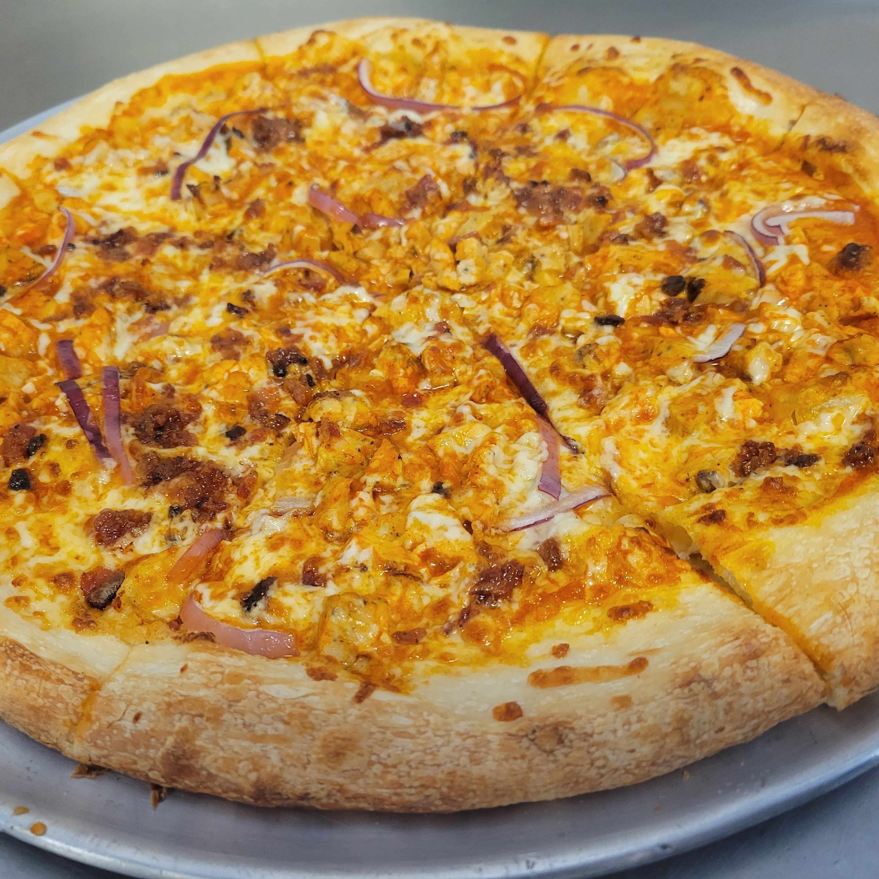 The Super Buffalo Chicken Pizza.