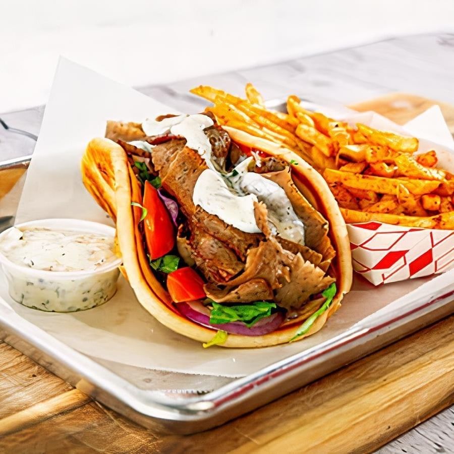 Value Meal Gyro Pita, Fries, Fountain with Soda or Water.