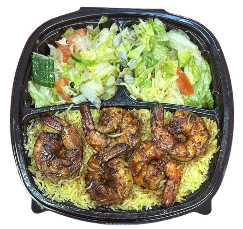 Grilled Shrimps on Rice & Salad with Soda.