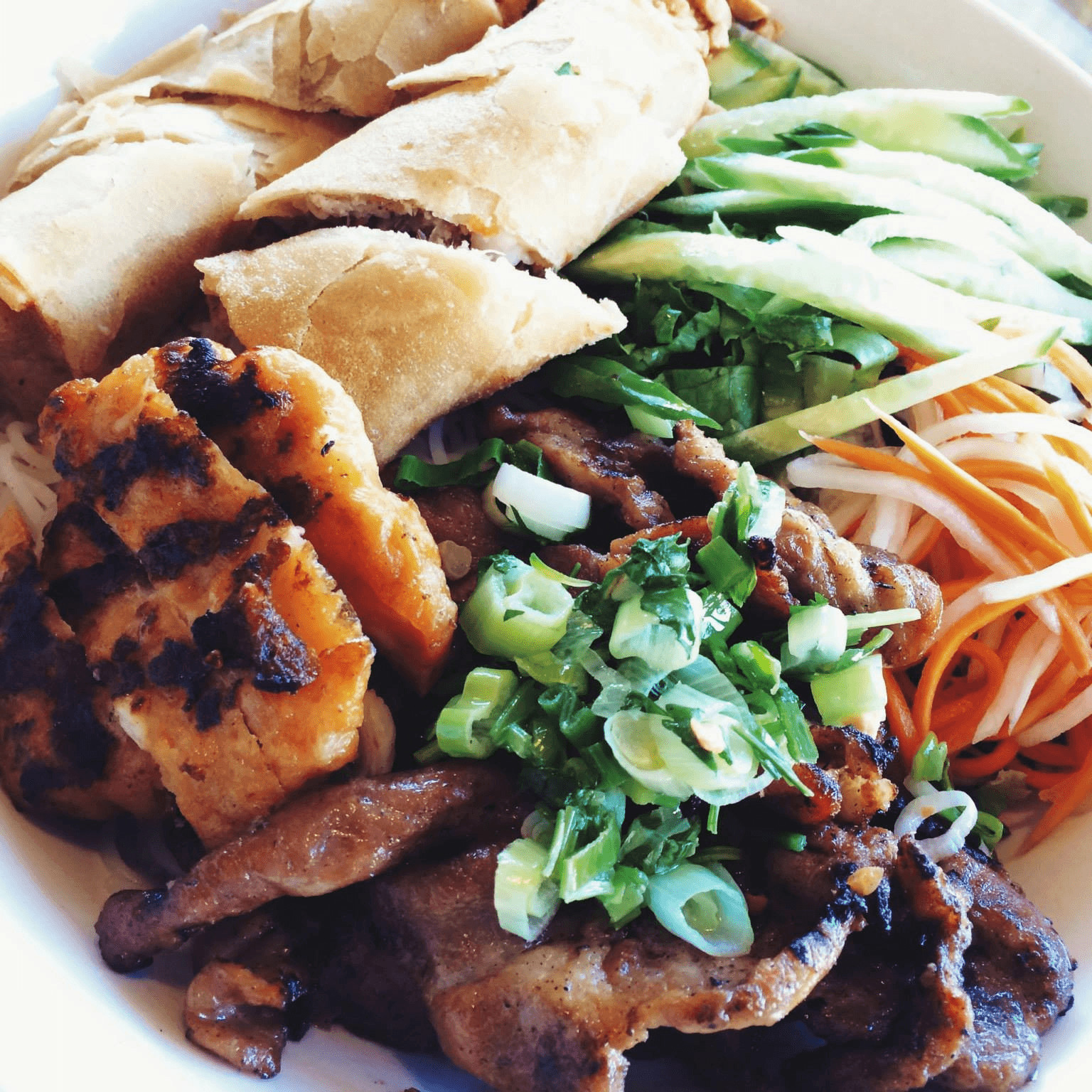 Vermicelli shrimp rolls, egg rolls, and bbq pork.
