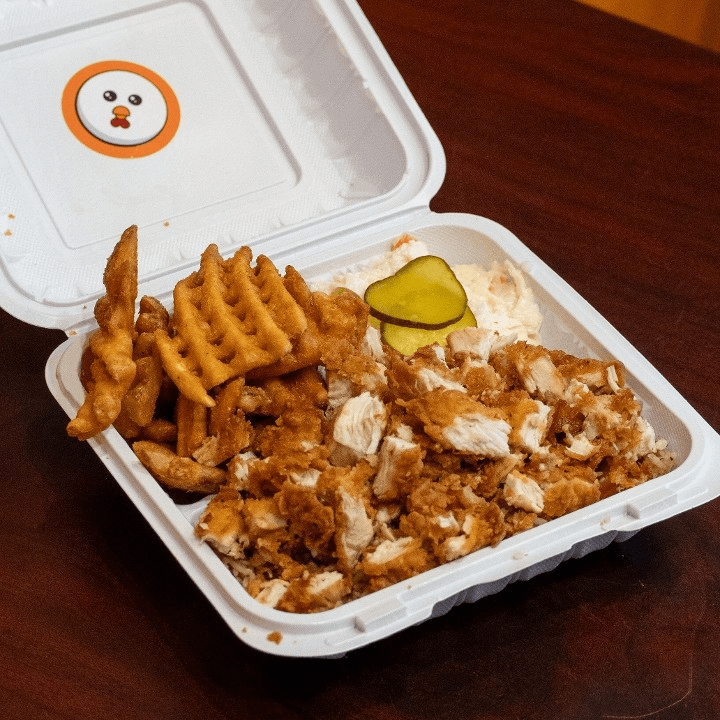 Yoyo Crispy Chicken Over Fries / Rice.