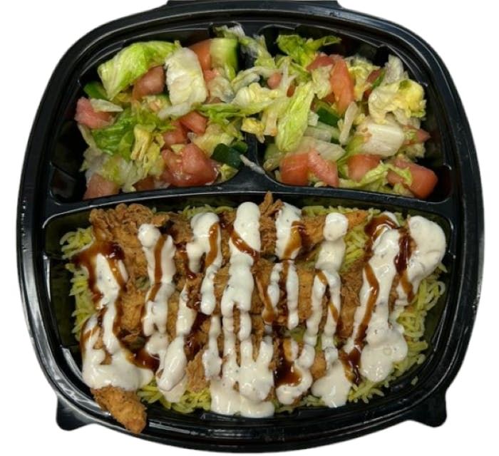 Halal Fried Chicken Strips with Rice & Salad with Soda.