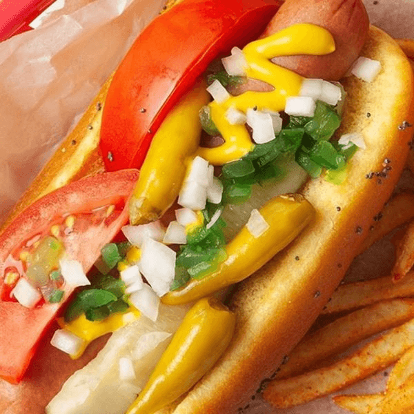 Chicago Style Hotdog with Fries.