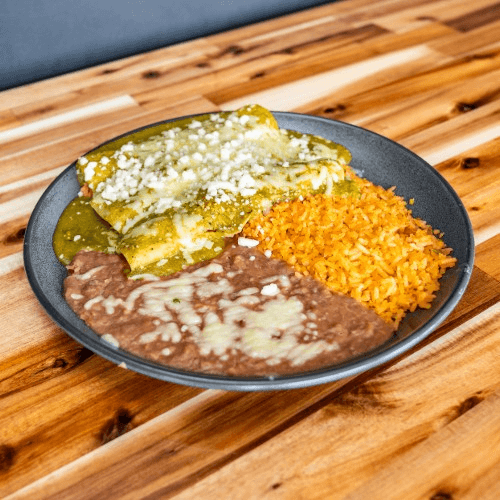Enchilada with Rice and Beans.