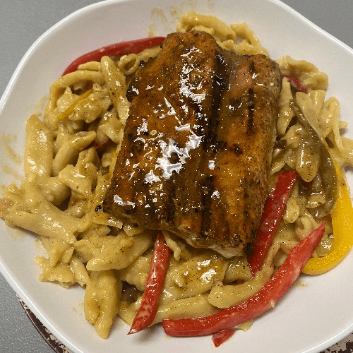 Jerk Rasta Pasta with Pineapple Jerk Salmon.