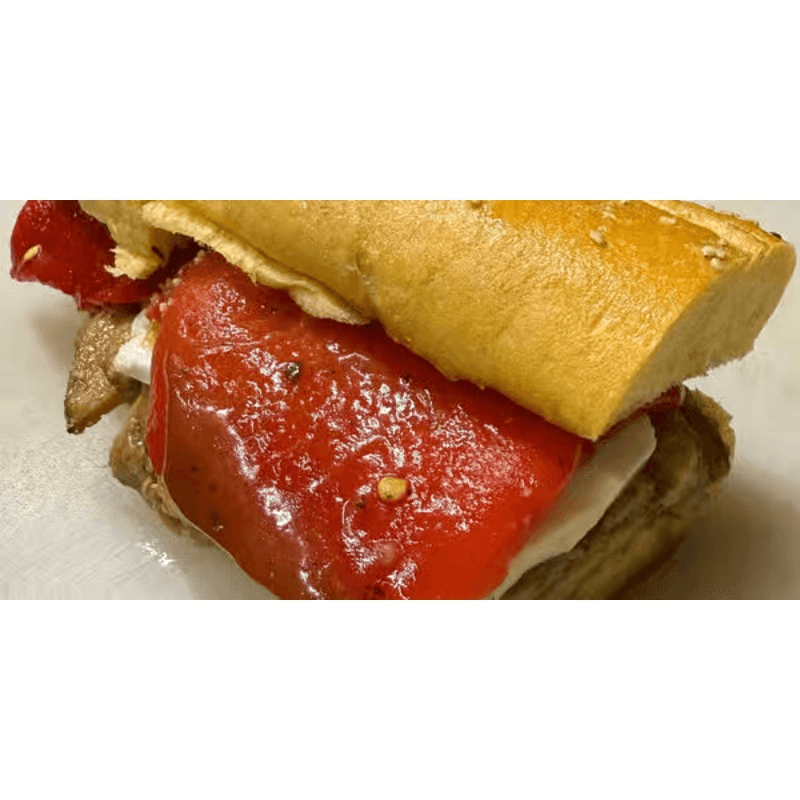 Eggplant, Fresh Mozzarella & Roasted Peppers on Semolina Sub.
