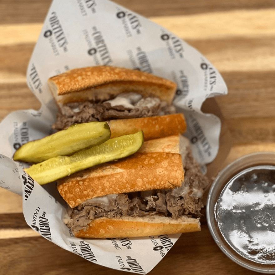 Roast Beef French Dip Sandwich.