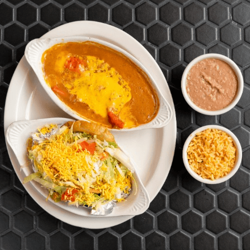Mexico Lindo Plate (2 Cheese Enchiladas 1 Puffy, 1 Crispy).