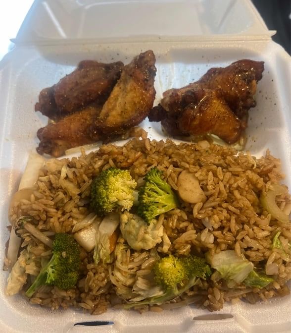 Cut Wings and Vegetable Fried Rice.