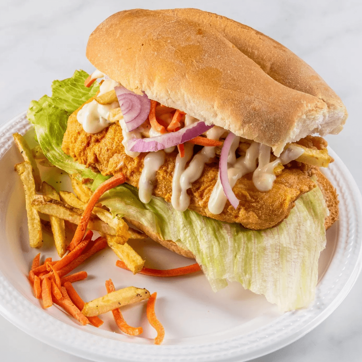 Fish & chips on a bun sandwich.