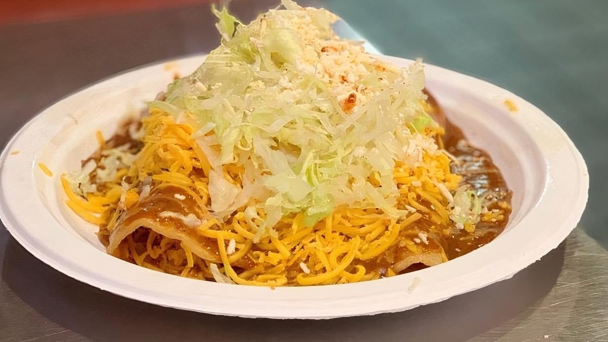 ENCHILADA SAUCE FRIES - FRIES, CHEESE, ENCHILADA SAUCE, QUESO.