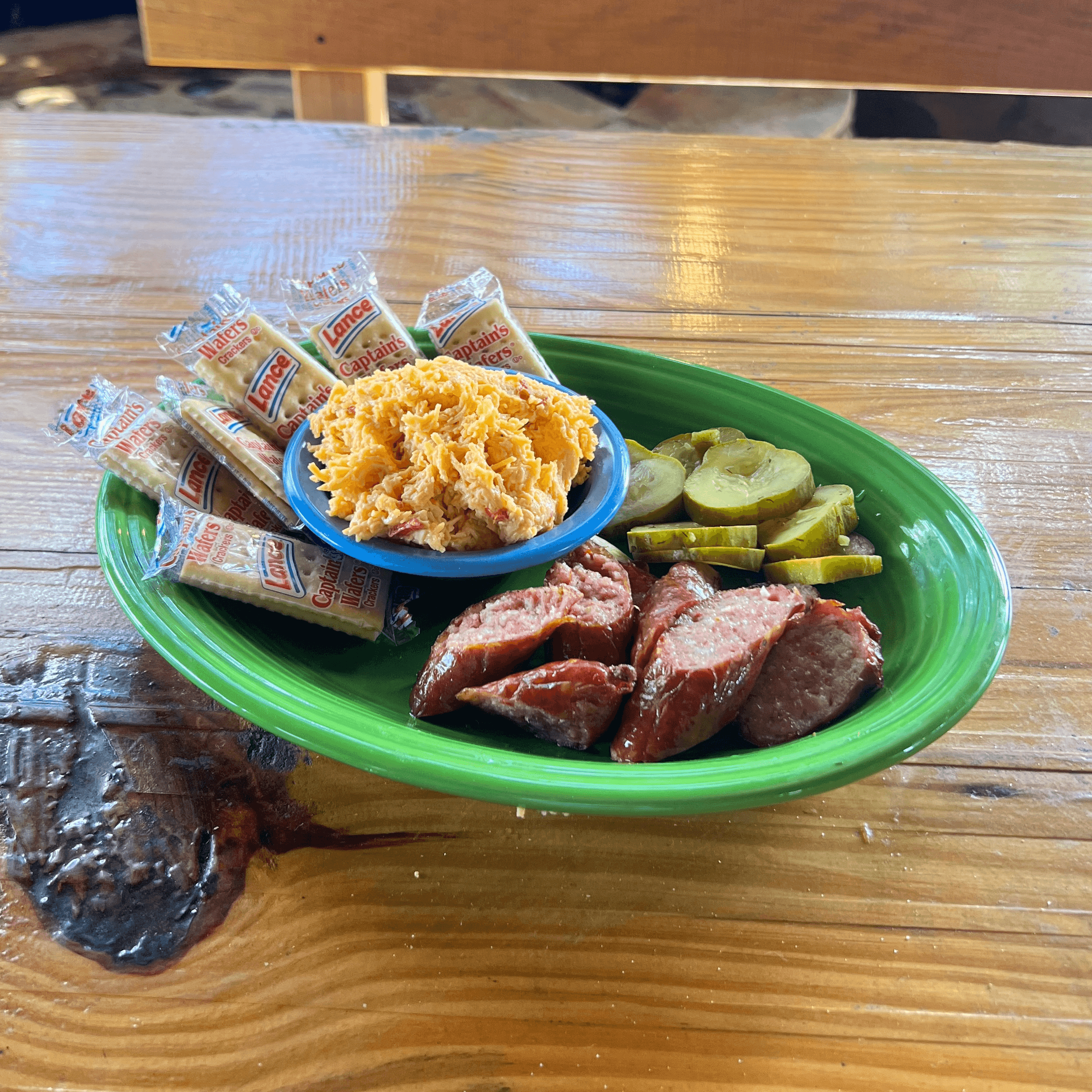 Conecuh Sausage and Pimento Cheese Plate.