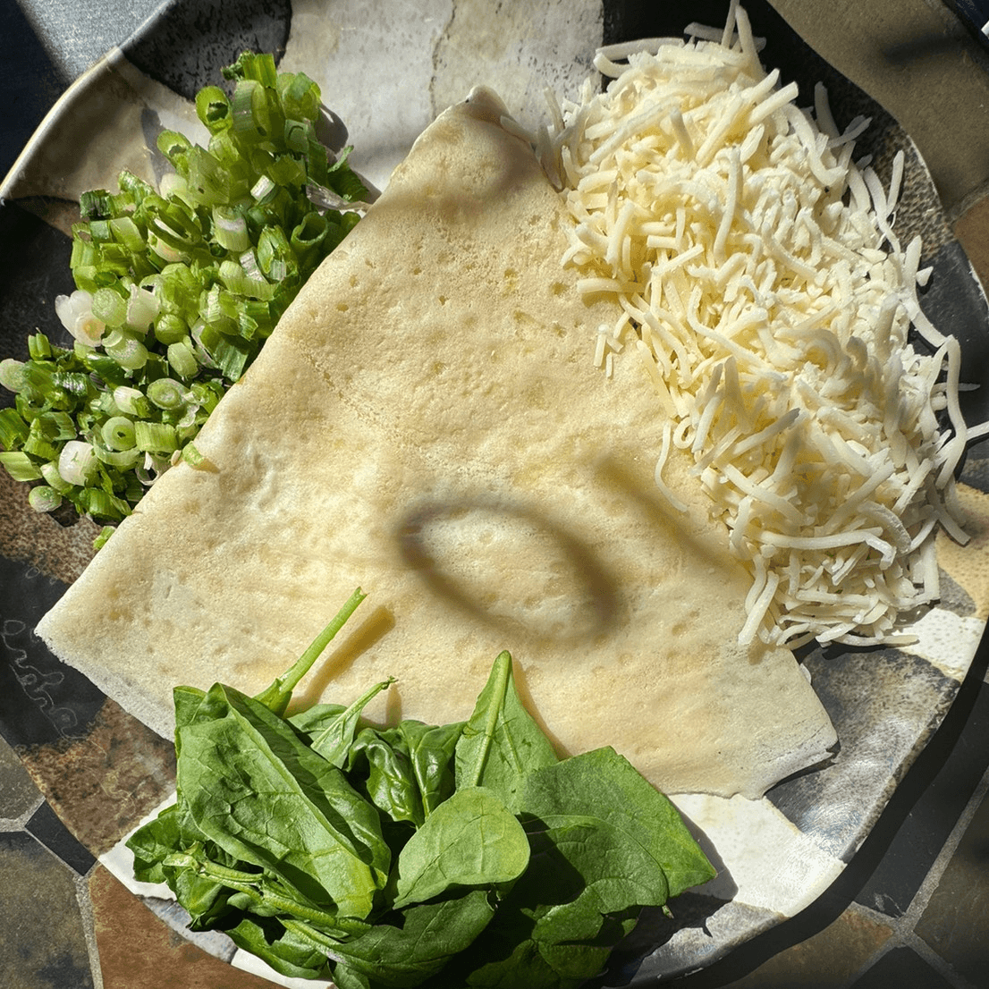 Cheese, Spinach and Mushrooms Crepe.