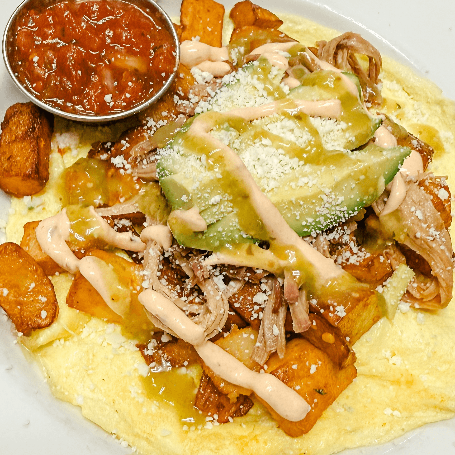 Open Faced Carnitas Omelet.
