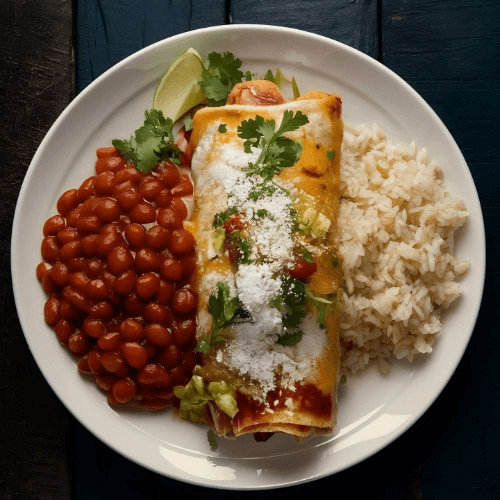 Cheese Enchilada with Rice and Beans.