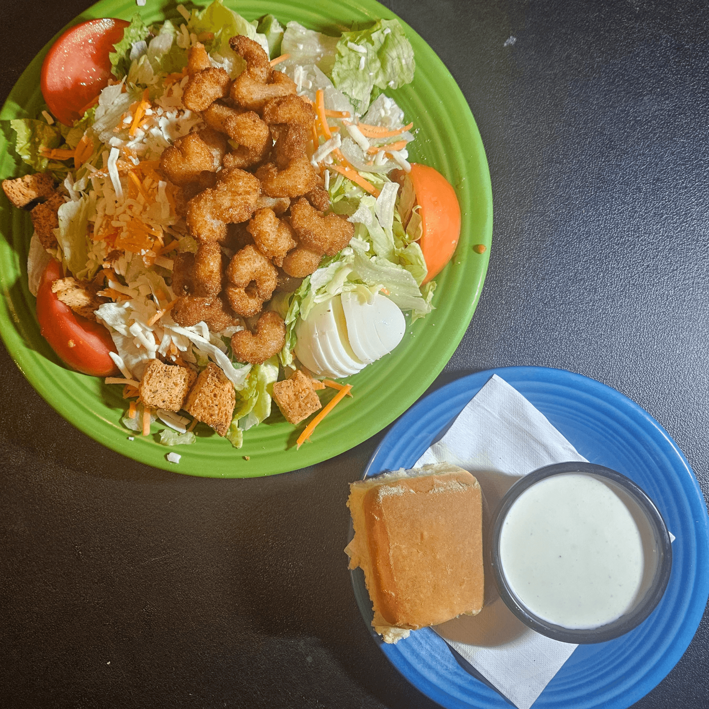 Fried Popcorn Shrimp Chef Salad.