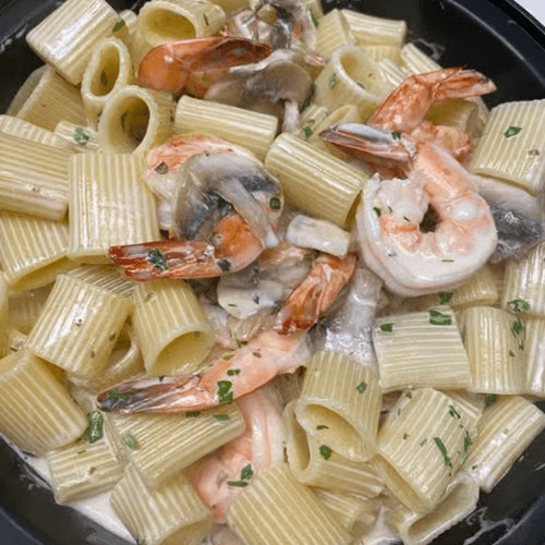 Rigatoni, Shrimp, and Mushrooms.