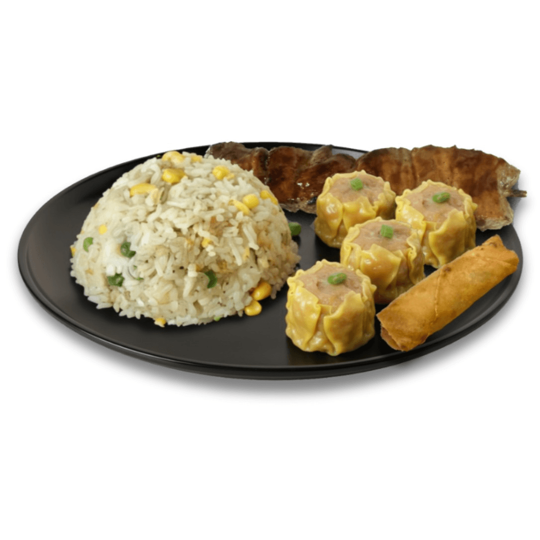 C10 - Fried Rice, 4 Pieces Siomai, 1 Piece Lumpia & 1 Stick BBQ Skewer (Pork or Chicken).